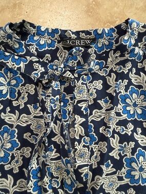 J. Crew Navy Blue and White Floral Tie-Neck Top